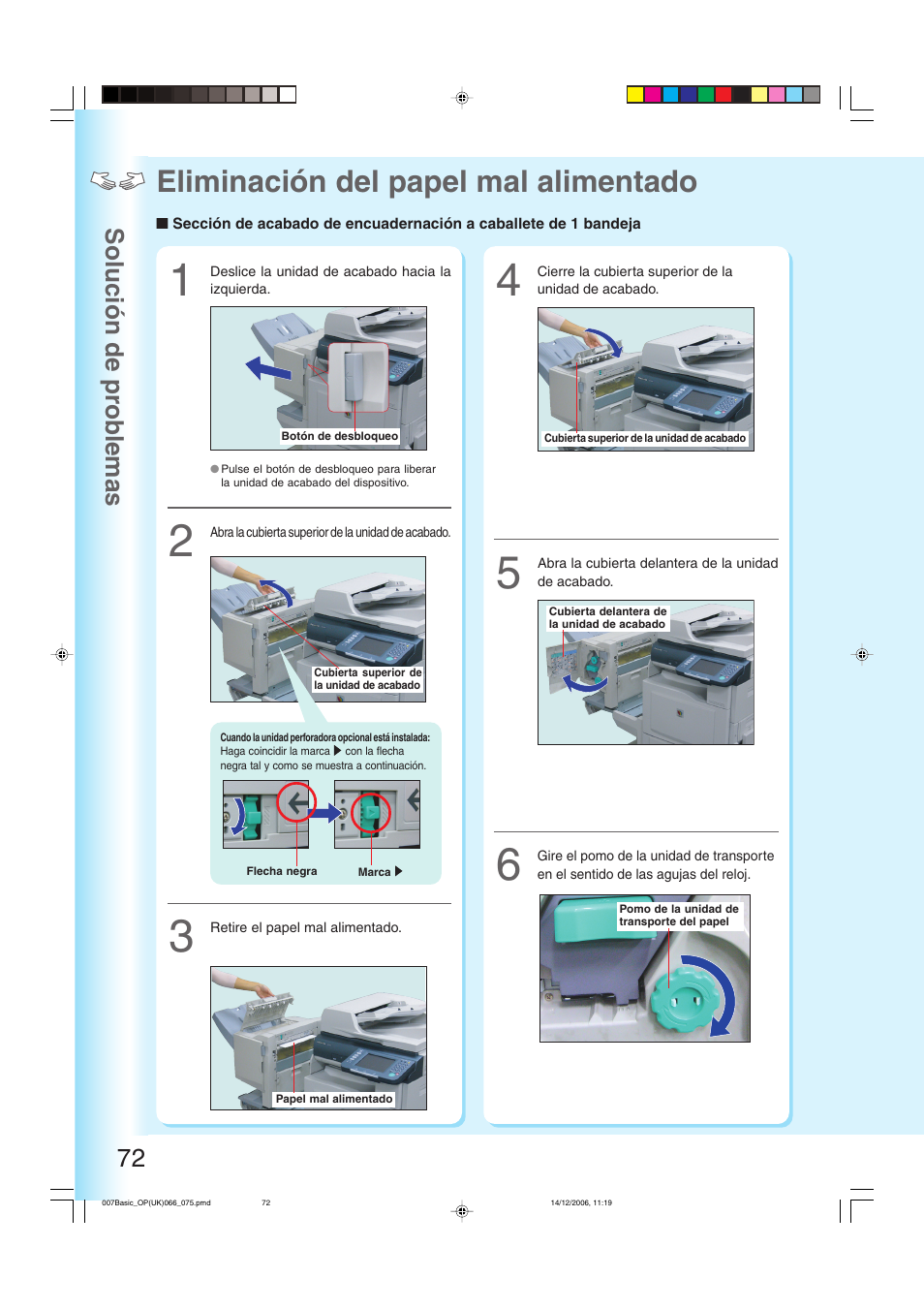 Solución de problemas, Eliminación del papel mal alimentado, Solución de pr oblemas 72 | Panasonic DPC263 User Manual | Page 72 / 112