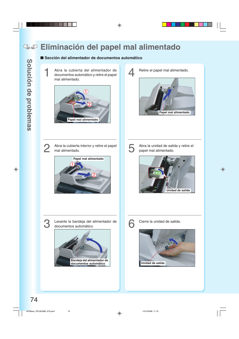 Sección del alimentador de documentos automático, Eliminación del papel mal alimentado, Solución de pr oblemas 74 | Panasonic DPC263 User Manual | Page 74 / 112