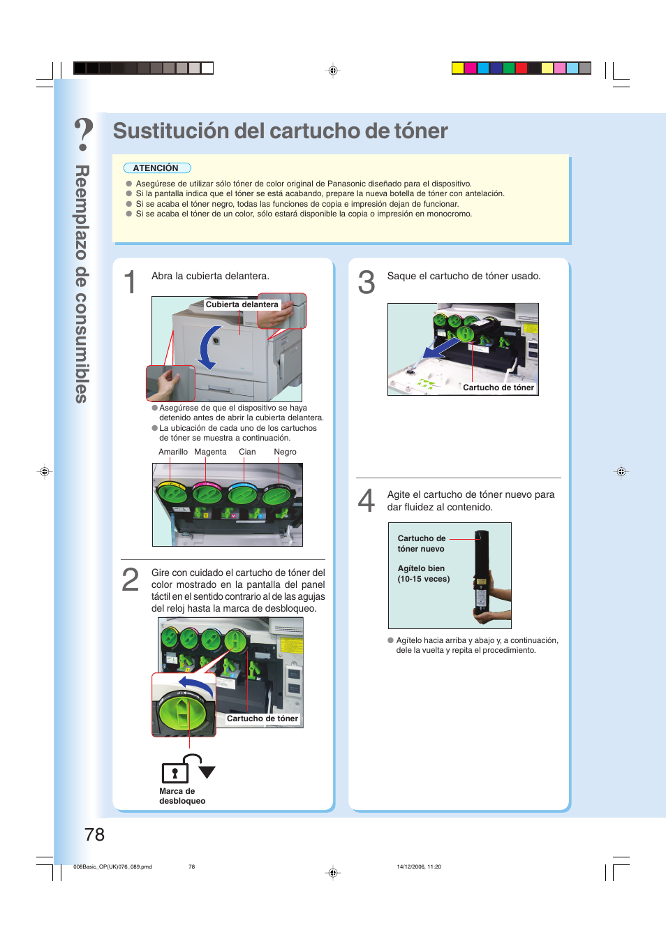 Sustitución del cartucho de tóner, Reemplazo de consumib les 78 | Panasonic DPC263 User Manual | Page 78 / 112