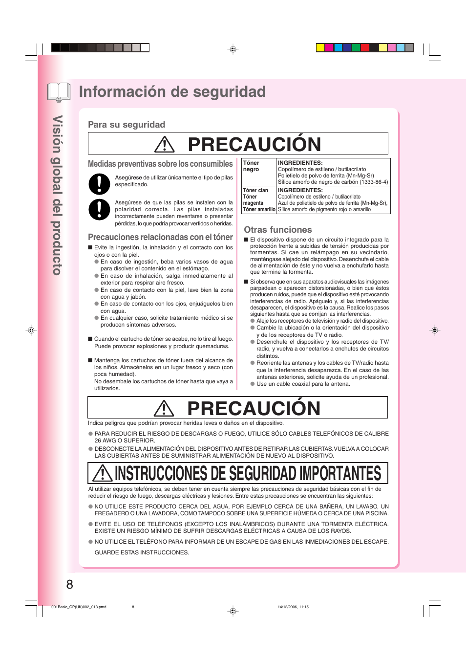 Instrucciones de seguridad importantes, Precaución, Información de seguridad | Visión global del pr oducto 8, Medidas preventivas sobre los consumibles, Precauciones relacionadas con el tóner, Para su seguridad, Otras funciones | Panasonic DPC263 User Manual | Page 8 / 112