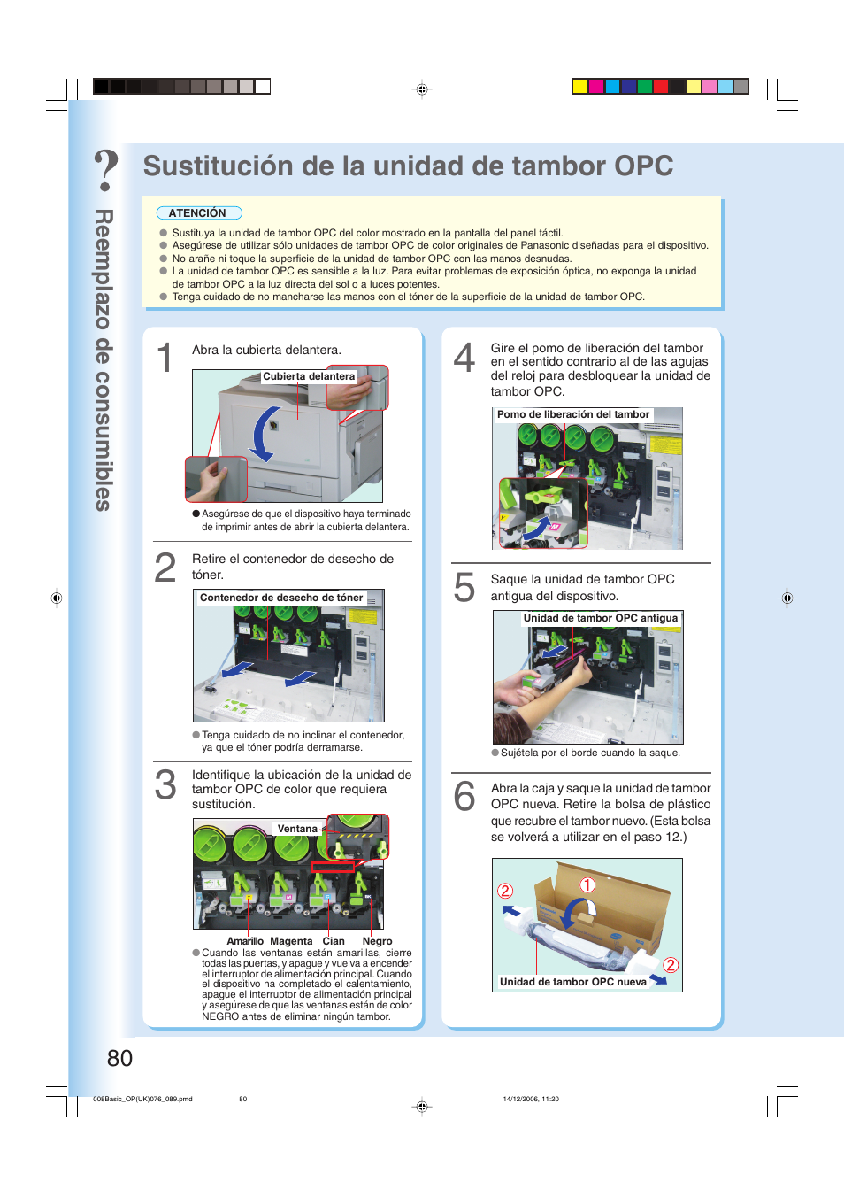 Sustitución de la unidad de tambor opc, Reemplazo de consumib les 80 | Panasonic DPC263 User Manual | Page 80 / 112