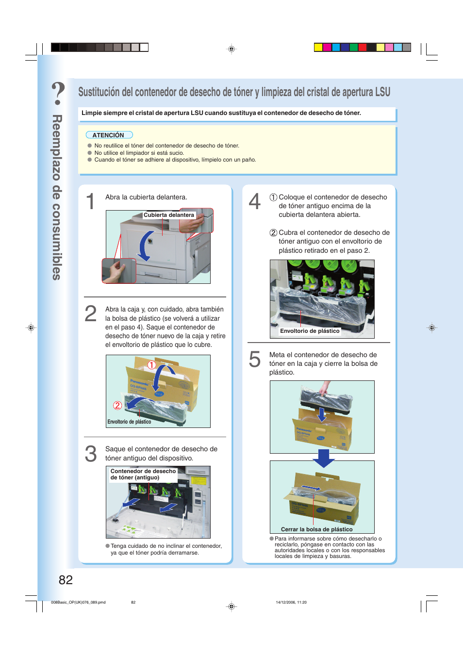 Sustitución del contenedor de desecho de, Tóner y limpieza del cristal de apertura lsu, Reemplazo de consumib les 82 | Panasonic DPC263 User Manual | Page 82 / 112