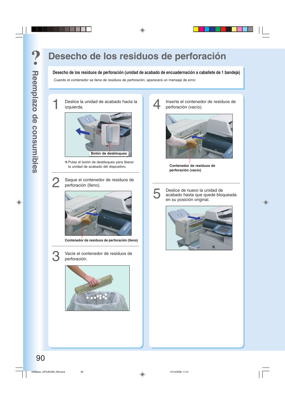 Desecho de los residuos de perforación, Reemplazo de consumib les 90 | Panasonic DPC263 User Manual | Page 90 / 112