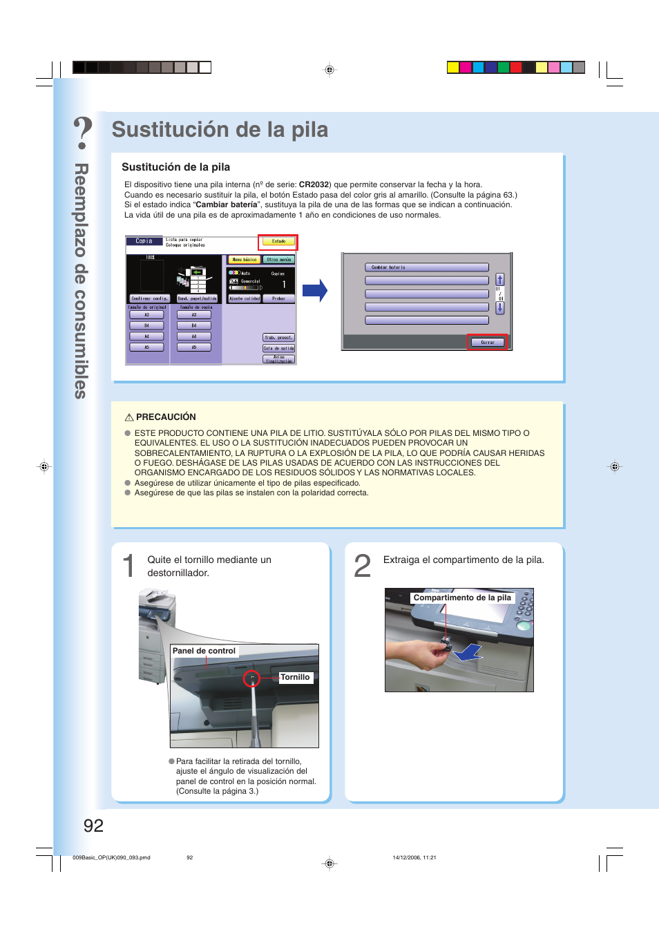 Sustitución de la pila, Reemplazo de consumib les 92 | Panasonic DPC263 User Manual | Page 92 / 112