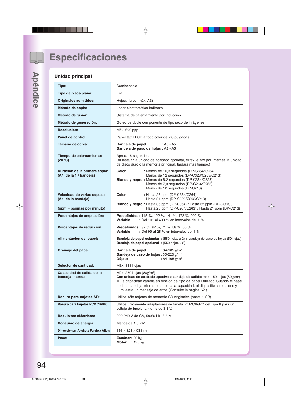 Apéndice, Especificaciones, Unidad principal | 94 apéndice | Panasonic DPC263 User Manual | Page 94 / 112