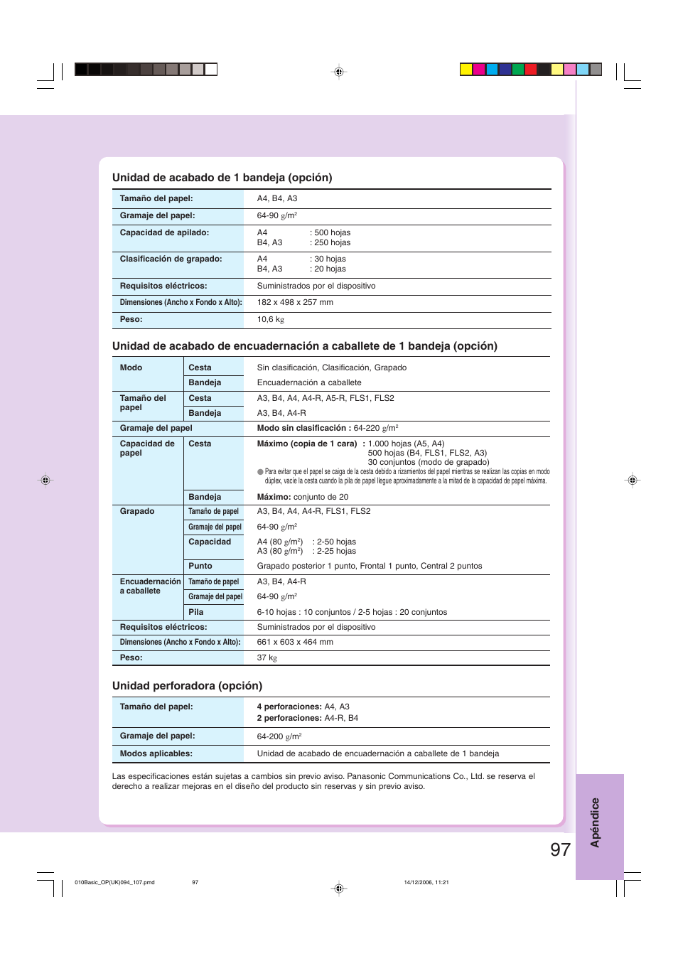 Unidad de acabado de 1 bandeja (opción), Unidad perforadora (opción), Apéndice | Panasonic DPC263 User Manual | Page 97 / 112