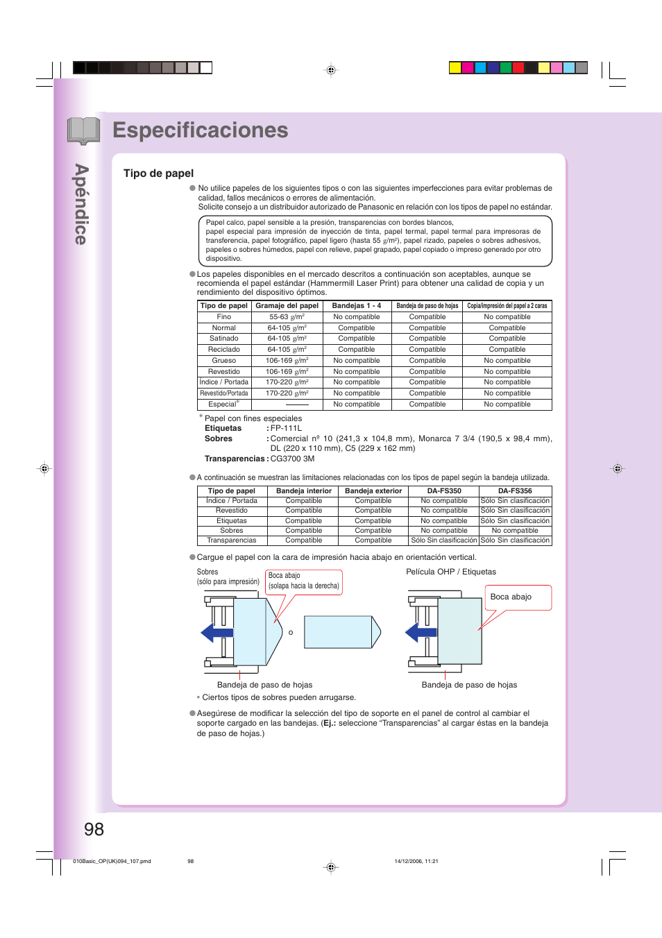 Tipo de papel, Especificaciones, 98 apéndice | Panasonic DPC263 User Manual | Page 98 / 112