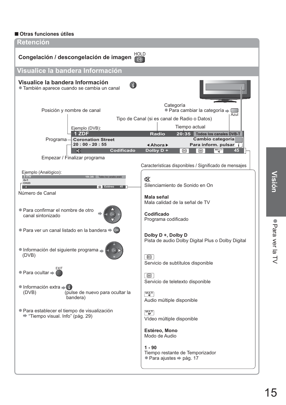 Visión, Retención, Visualice la bandera información | Panasonic TXL42U10E User Manual | Page 15 / 64