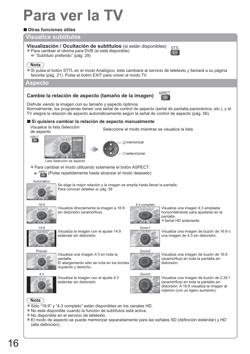 Para ver la tv, Visualice subtítulos, Aspecto | Visualización / ocultación de subtítulos | Panasonic TXL42U10E User Manual | Page 16 / 64