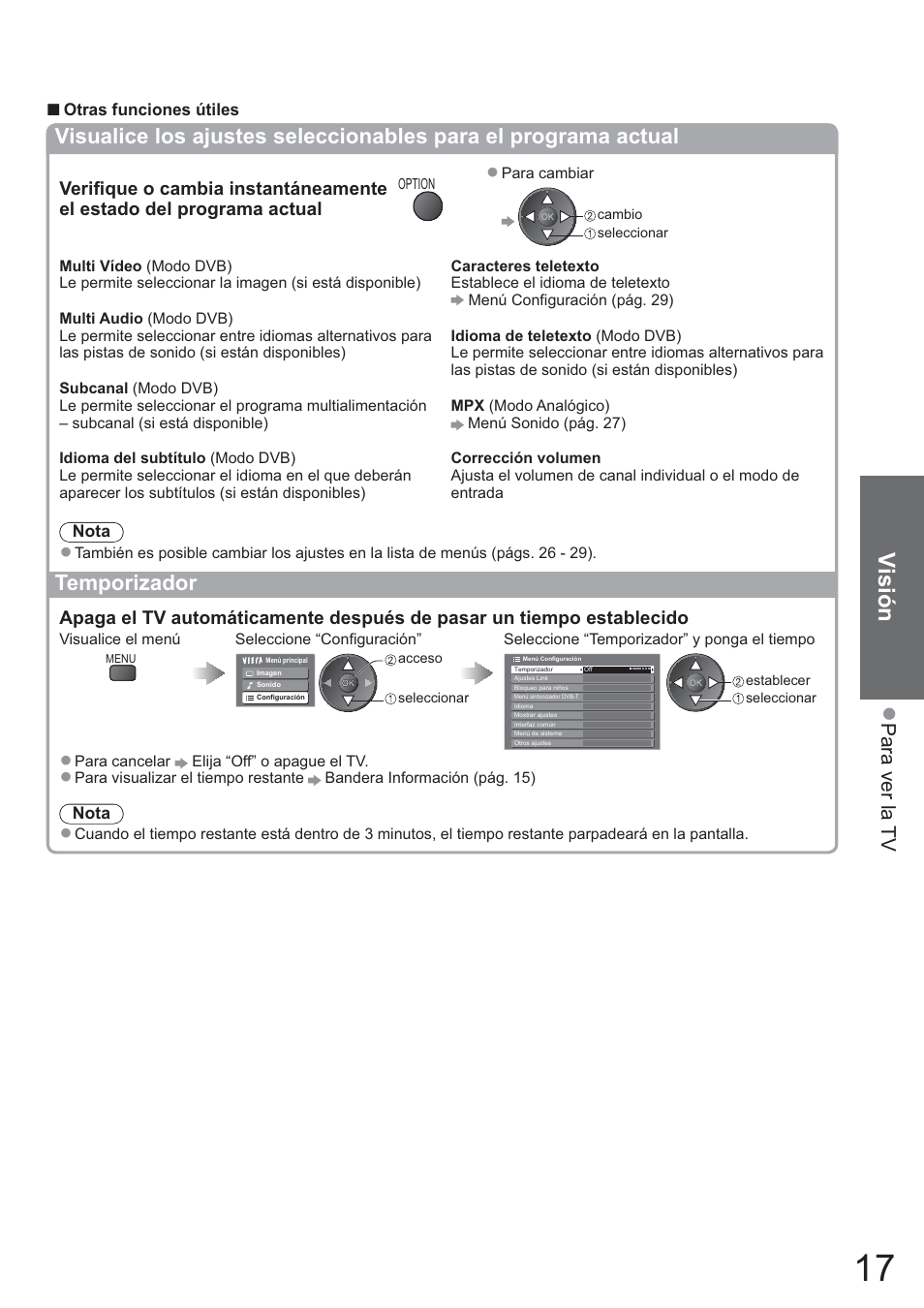 Visión, Ɣ temporizador, Para ver la tv | Panasonic TXL42U10E User Manual | Page 17 / 64