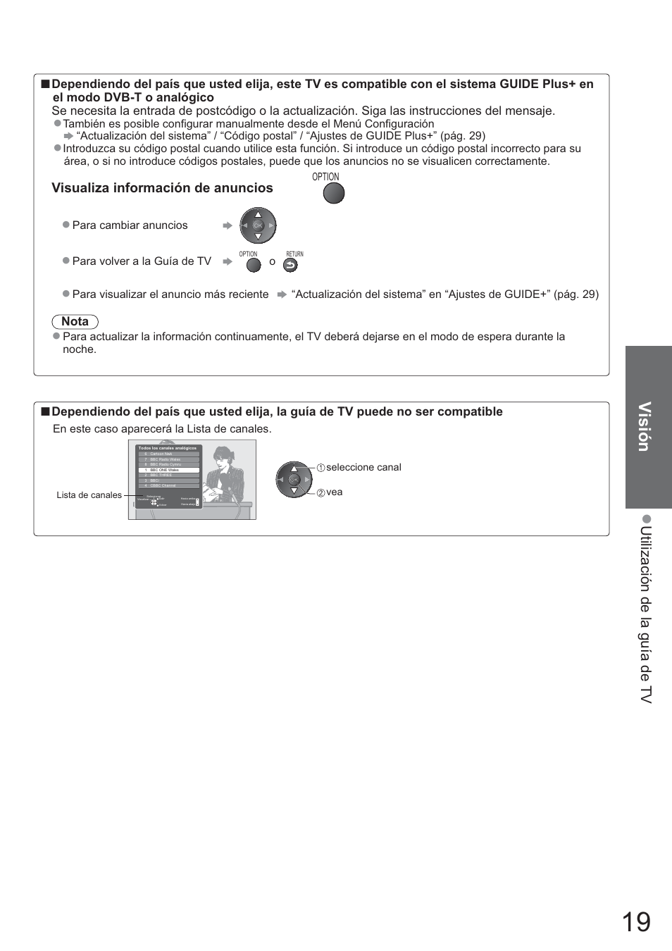 Visión, Utilización de la guía de tv, Visualiza información de anuncios | Panasonic TXL42U10E User Manual | Page 19 / 64