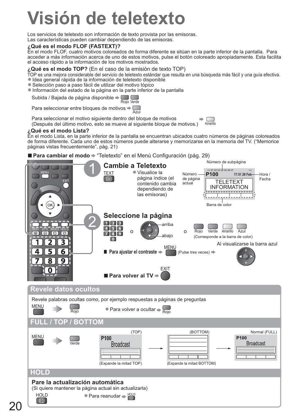 Visión de teletexto, Cambie a teletexto, Seleccione la página | Revele datos ocultos, Full / top / bottom, Hold | Panasonic TXL42U10E User Manual | Page 20 / 64