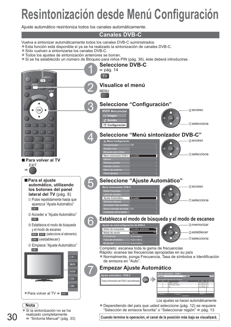 Resintonización desde menú configuración, Canales dvb-c, Seleccione dvb-c | Visualice el menú, Seleccione “configuración, Seleccione “menú sintonizador dvb-c, Seleccione “ajuste automático, Empezar ajuste automático | Panasonic TXL42U10E User Manual | Page 30 / 64