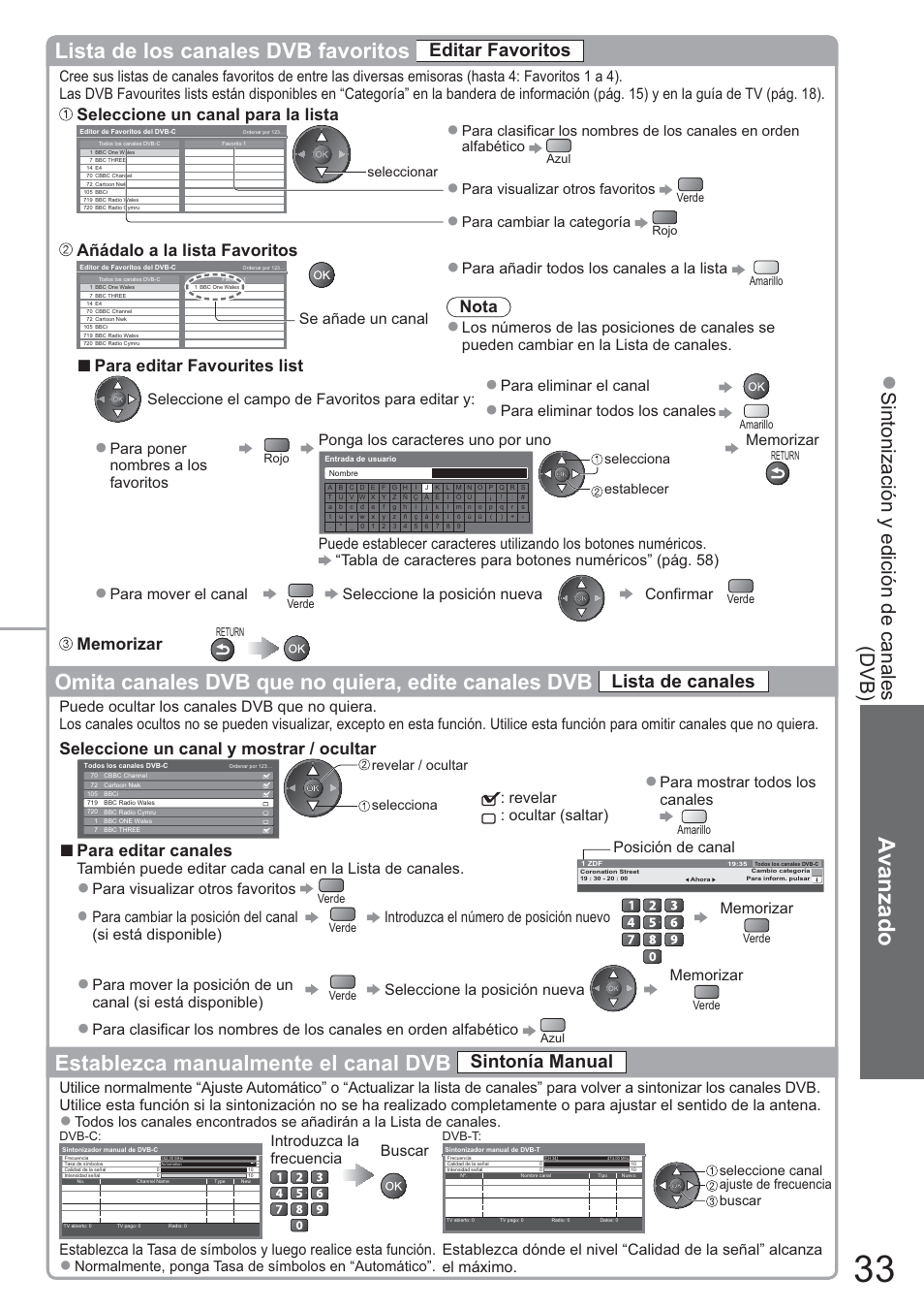 Avanzado, Lista de los canales dvb favoritos, Omita canales dvb que no quiera, edite canales dvb | Establezca manualmente el canal dvb, Sintonización y edición de canales, Dvb), Editar favoritos, Lista de canales, Sintonía manual, Seleccione un canal para la lista | Panasonic TXL42U10E User Manual | Page 33 / 64