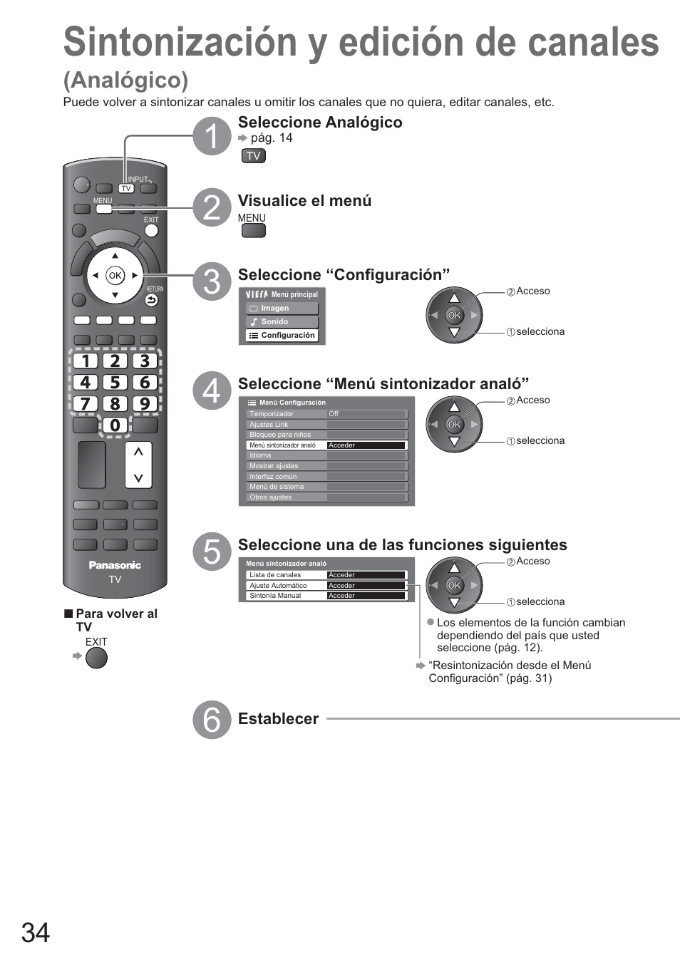Sintonización y edición de canales, Analógico), Seleccione analógico | Visualice el menú, Seleccione “configuración, Seleccione “menú sintonizador analó, Seleccione una de las funciones siguientes, Establecer | Panasonic TXL42U10E User Manual | Page 34 / 64