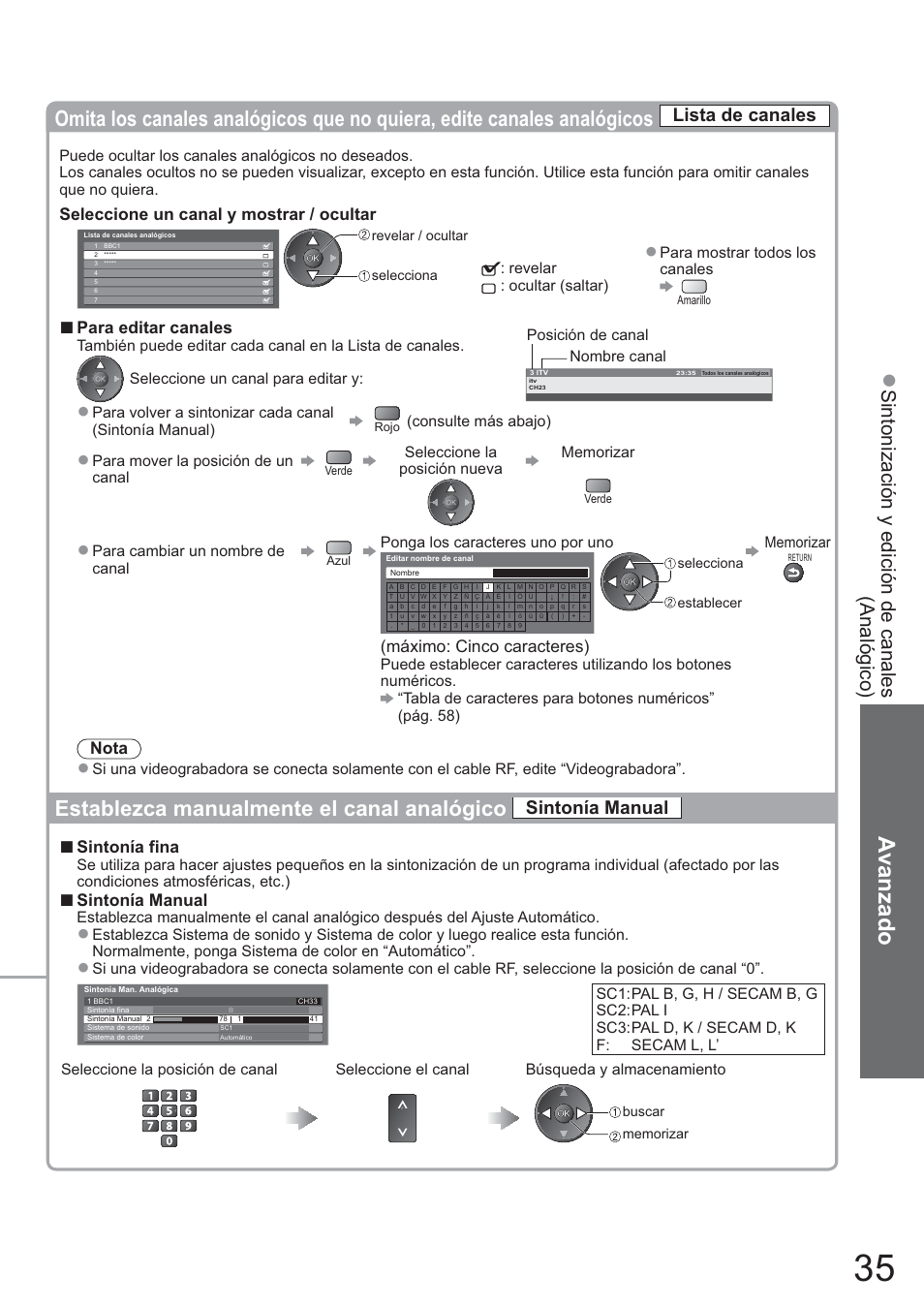 Avanzado, Ɣ establezca manualmente el canal analógico, Sintonización y edición de canales | Analógico), Lista de canales, Sintonía manual, Seleccione un canal y mostrar / ocultar, Para editar canales, Máximo: cinco caracteres), Nota | Panasonic TXL42U10E User Manual | Page 35 / 64