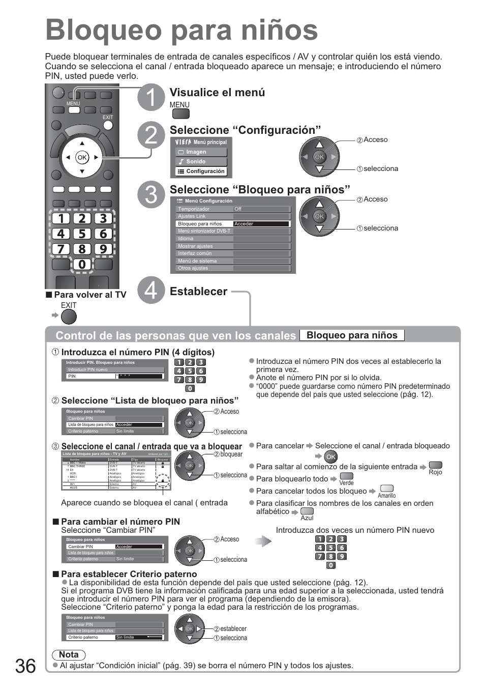 Control de las personas que ven los canales, Ɣ control de las personas que ven los canales, Visualice el menú | Seleccione “configuración, Seleccione “bloqueo para niños, Establecer, Bloqueo para niños | Panasonic TXL42U10E User Manual | Page 36 / 64