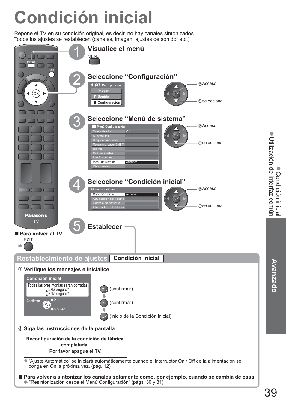 Condición inicial, Avanzado, Visualice el menú | Seleccione “configuración, Seleccione “menú de sistema, Seleccione “condición inicial, Establecer, Restablecimiento de ajustes | Panasonic TXL42U10E User Manual | Page 39 / 64