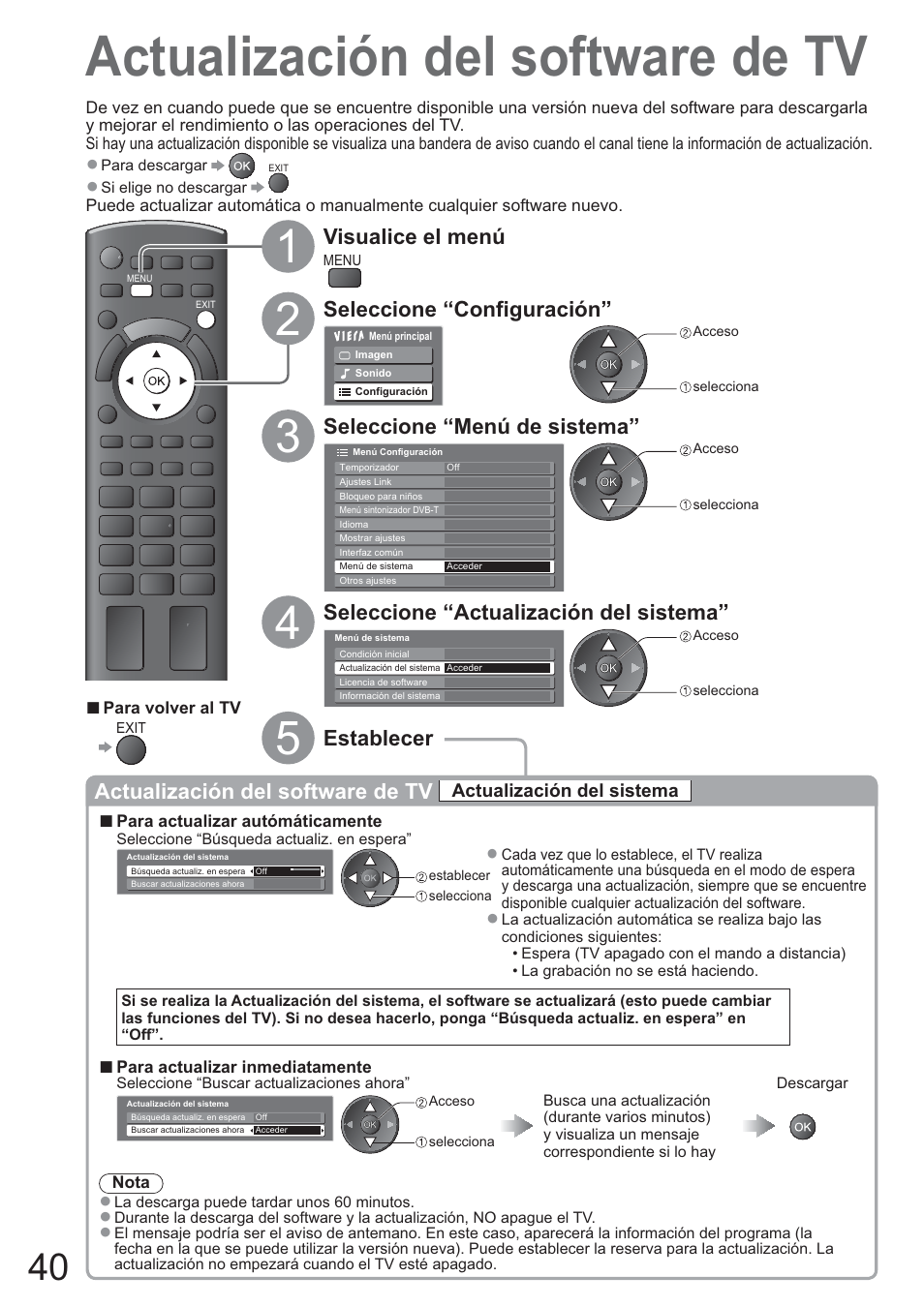 Actualización del software de tv, Visualice el menú, Seleccione “configuración | Seleccione “menú de sistema, Seleccione “actualización del sistema, Establecer | Panasonic TXL42U10E User Manual | Page 40 / 64