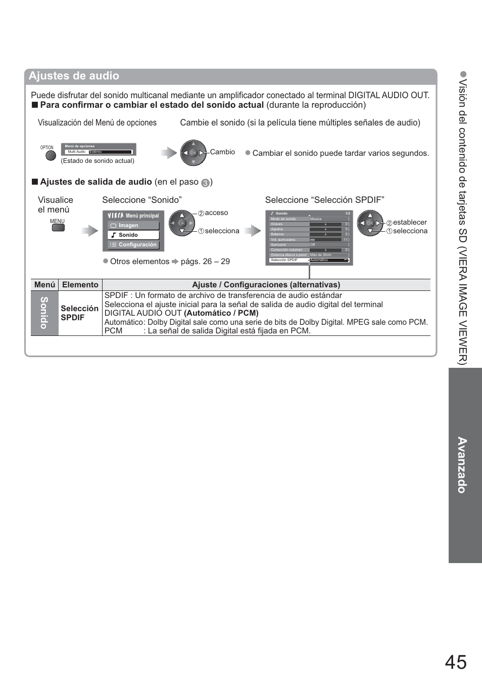 Avanzado, Ajustes de audio, Sonido | Panasonic TXL42U10E User Manual | Page 45 / 64