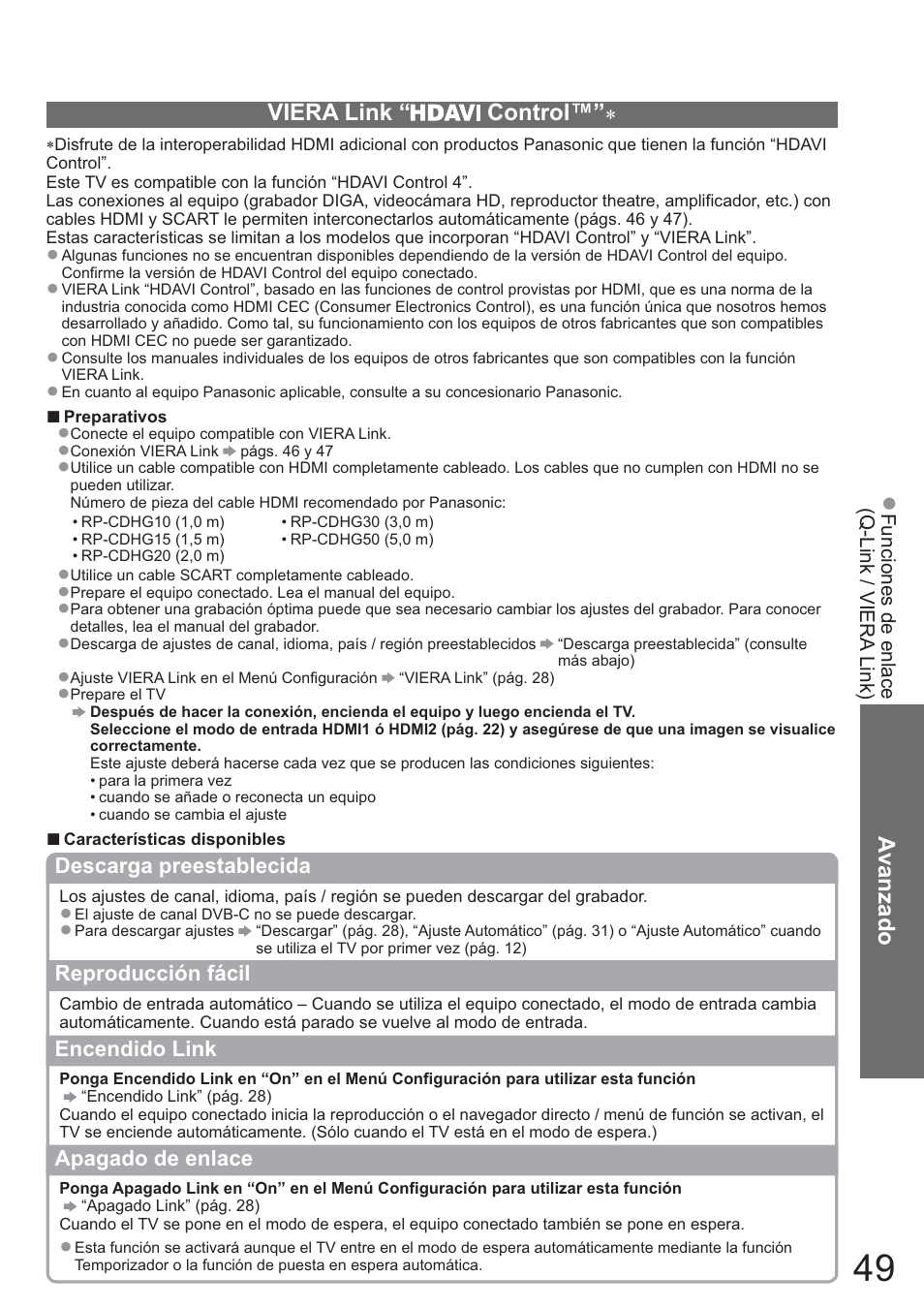 Avanzado, Viera link “ control | Panasonic TXL42U10E User Manual | Page 49 / 64