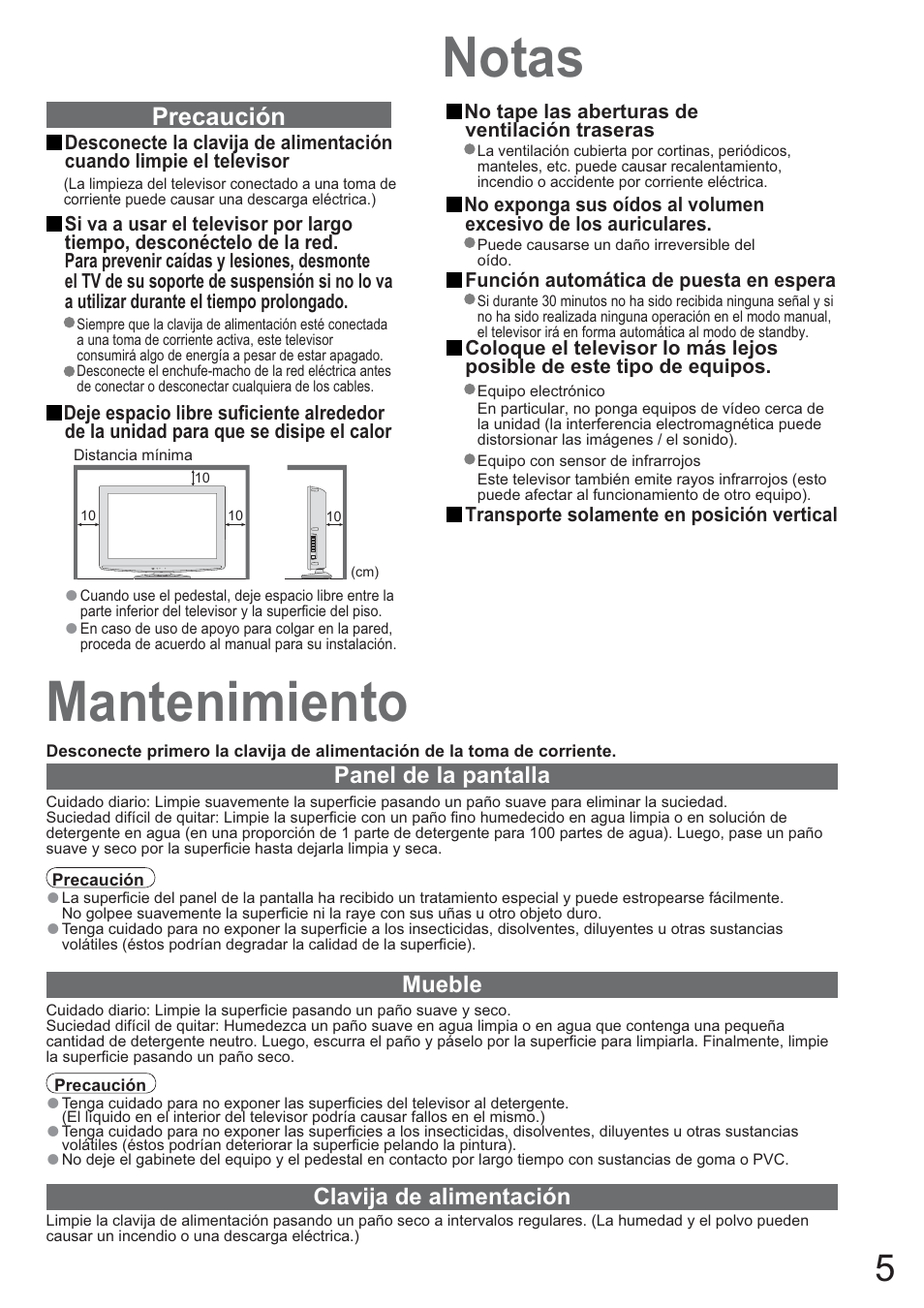 Notas, Mantenimiento | Panasonic TXL42U10E User Manual | Page 5 / 64