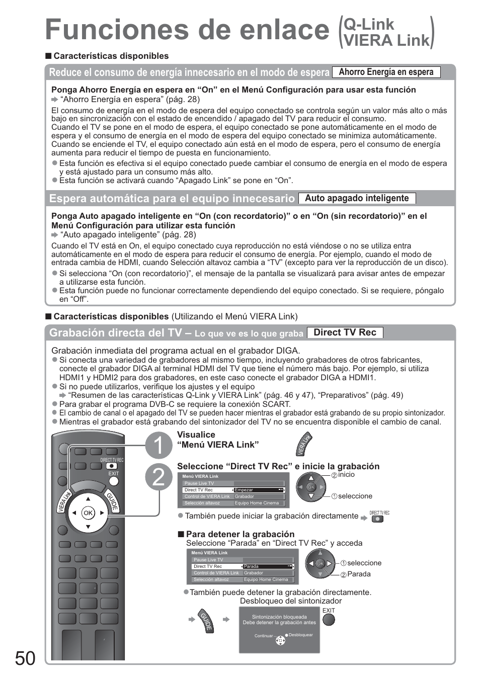 Funciones de enlace, Q-link viera link, Grabación directa del tv | Ɣ espera automática para el equipo innecesario | Panasonic TXL42U10E User Manual | Page 50 / 64