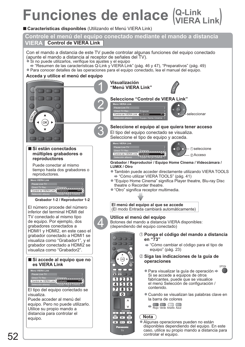 Funciones de enlace, Q-link viera link, Control de viera link | Panasonic TXL42U10E User Manual | Page 52 / 64