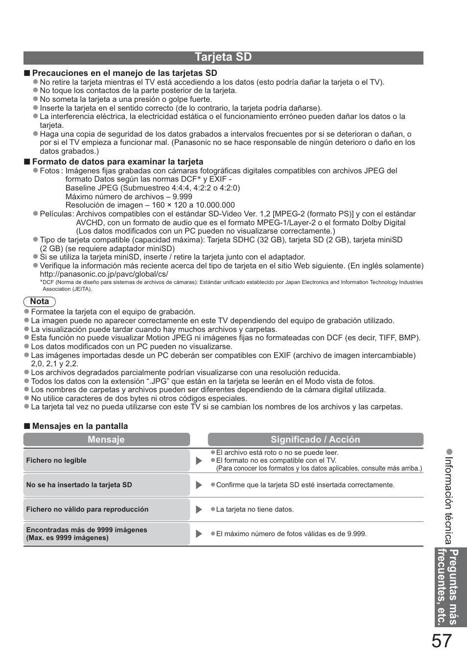 Preguntas más frecuentes, etc, Tarjeta sd | Panasonic TXL42U10E User Manual | Page 57 / 64