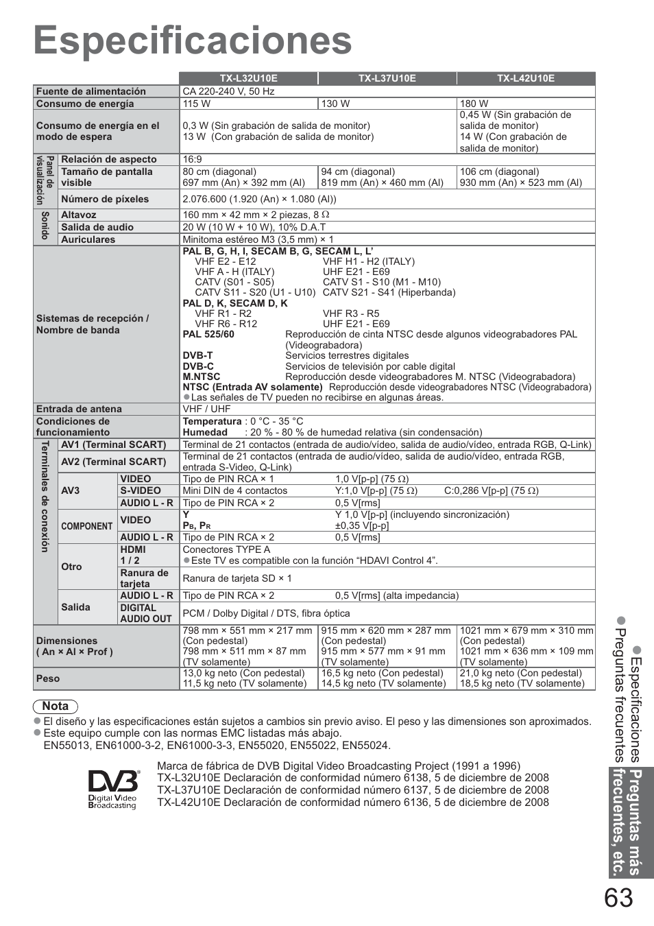 Preguntas más frecuentes, etc, Especificaciones, Preguntas frecuentes | Panasonic TXL42U10E User Manual | Page 63 / 64