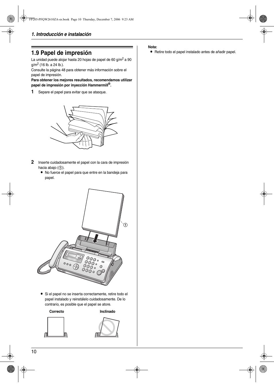 9 papel de impresión, Papel de impresión, 9 papel de impresión | Introducción e instalación 10 | Panasonic KXFP205 User Manual | Page 10 / 52