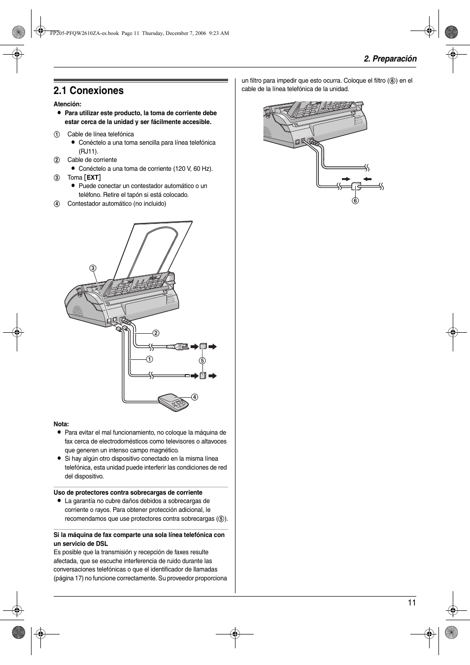 Preparación, Conexiones y configuración, 1 conexiones | Conexiones, 1 conexiones, Preparación 11 | Panasonic KXFP205 User Manual | Page 11 / 52