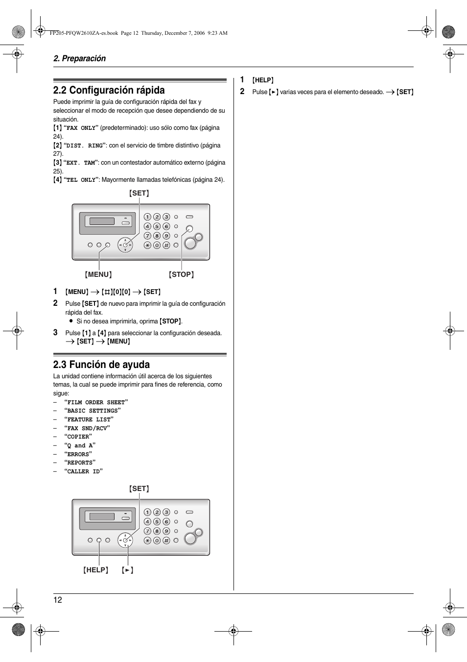 2 configuración rápida, Botón de ayuda, 3 función de ayuda | Configuración rápida, Función de ayuda, 2 configuración rápida, 3 función de ayuda | Panasonic KXFP205 User Manual | Page 12 / 52