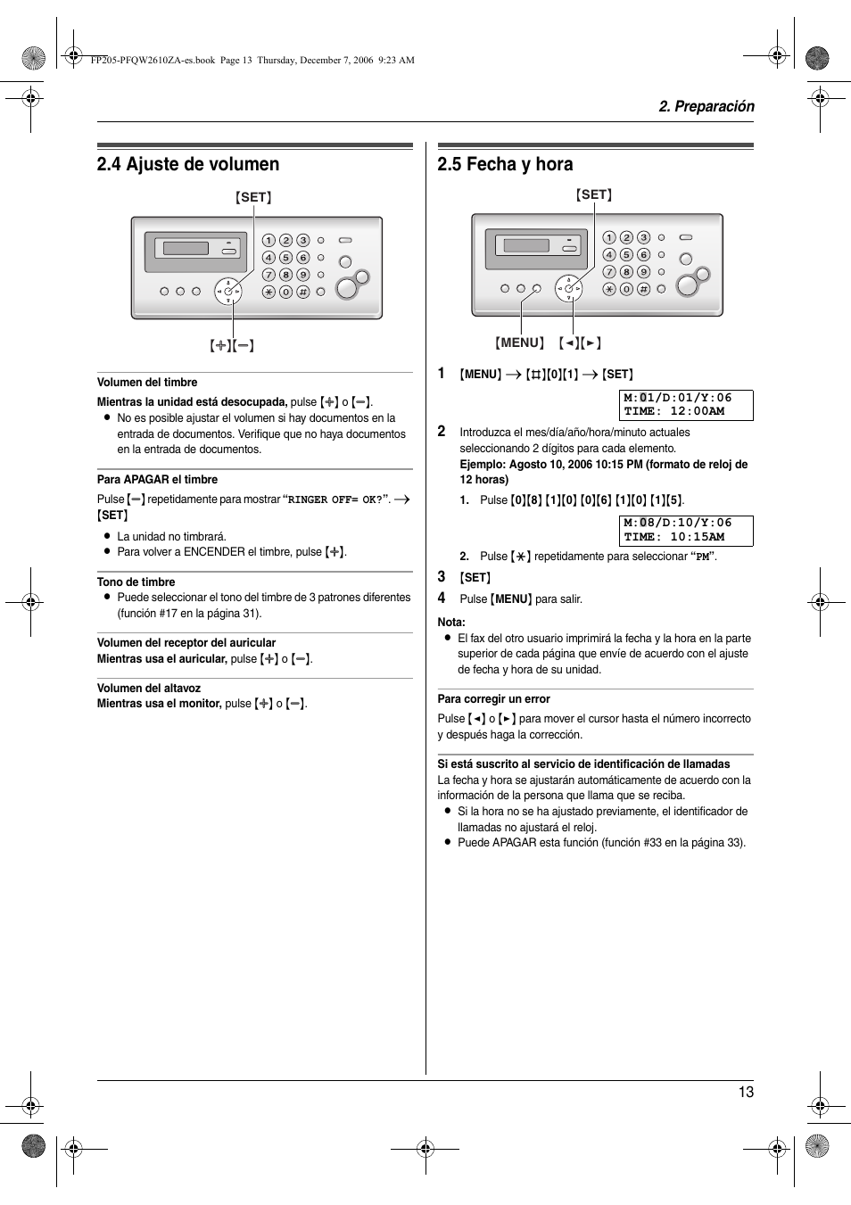 Volumen, 4 ajuste de volumen, Programación inicial | 5 fecha y hora, Ajuste de volumen, Fecha y hora, 4 ajuste de volumen, 5 fecha y hora, Preparación 13 | Panasonic KXFP205 User Manual | Page 13 / 52