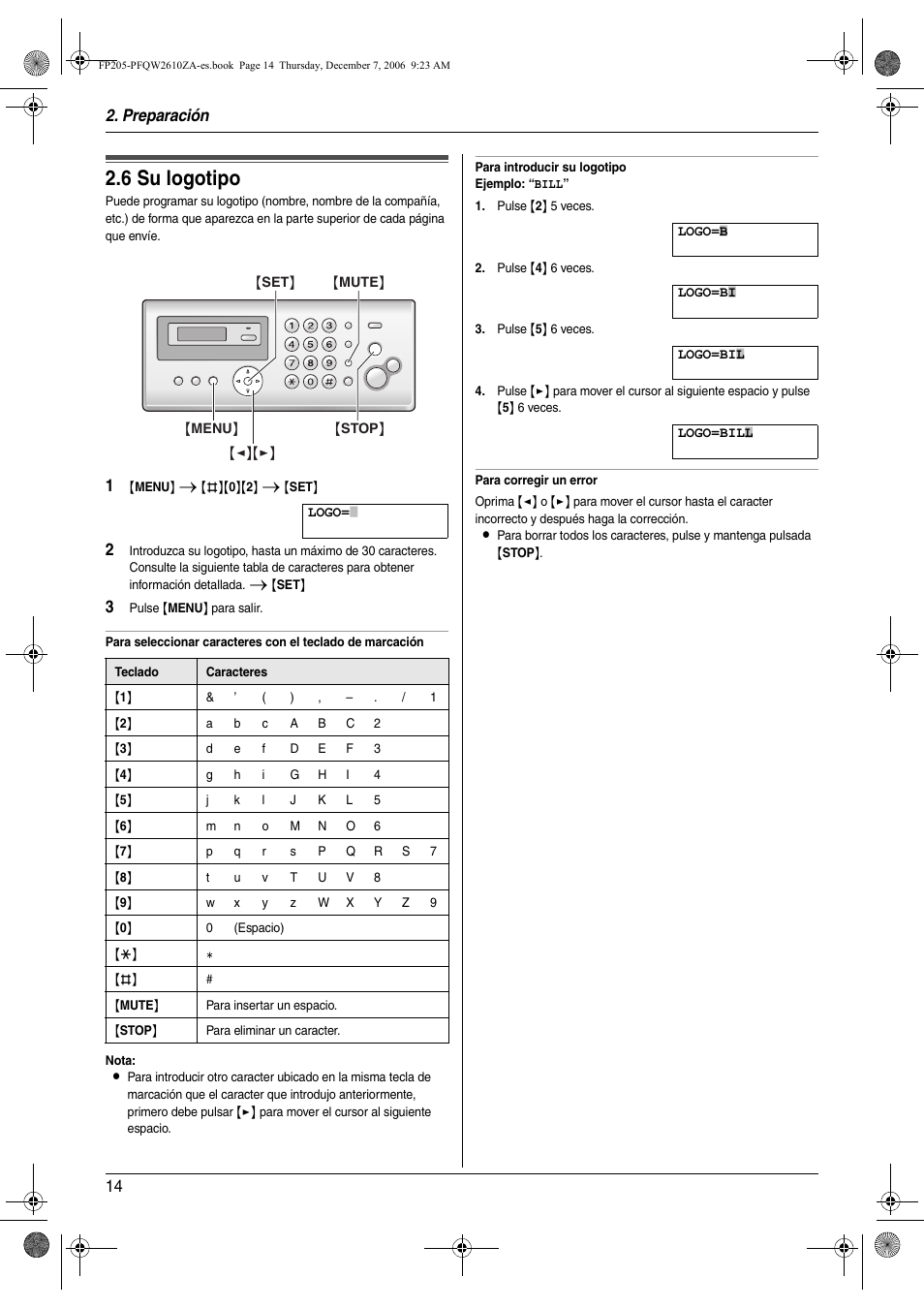 6 su logotipo, Su logotipo, 6 su logotipo | Preparación 14 | Panasonic KXFP205 User Manual | Page 14 / 52