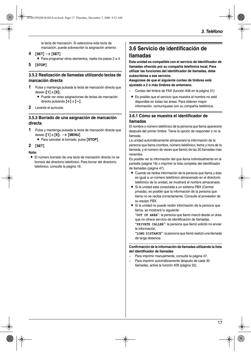 Identificador de llamadas, 6 servicio de identificación de llamadas, Servicio de identificación de llamadas | 6 servicio de identificación de llamadas | Panasonic KXFP205 User Manual | Page 17 / 52