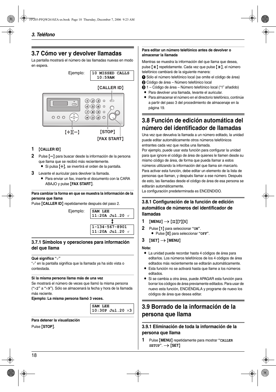 7 cómo ver y devolver llamadas, Cómo ver y devolver llamadas, Borrado de la información de la persona que llama | 7 cómo ver y devolver llamadas | Panasonic KXFP205 User Manual | Page 18 / 52