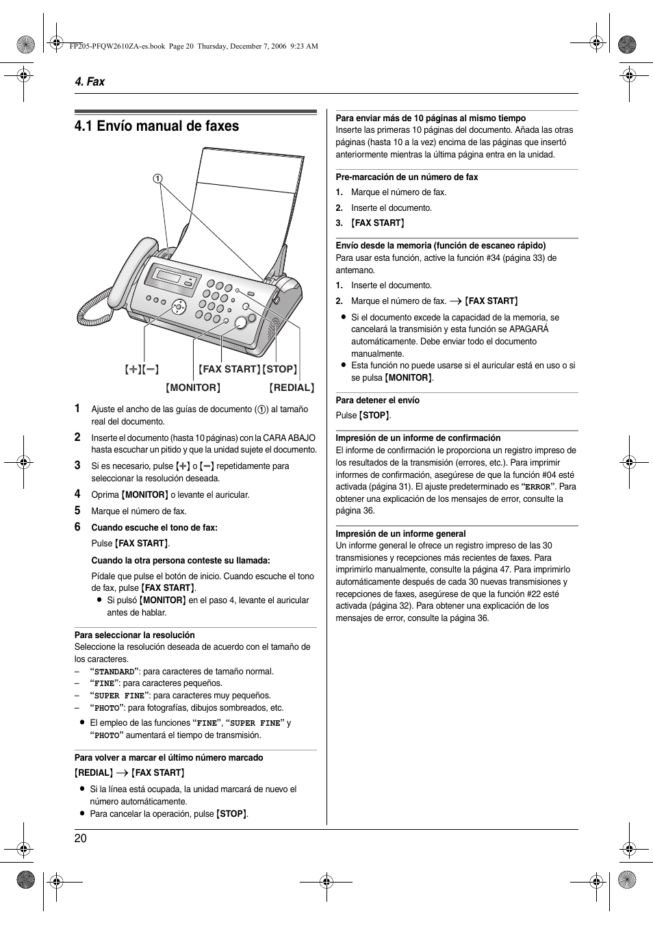 Envío de faxes, 1 envío manual de faxes, Envío manual de faxes | 1 envío manual de faxes, Fax 20 | Panasonic KXFP205 User Manual | Page 20 / 52