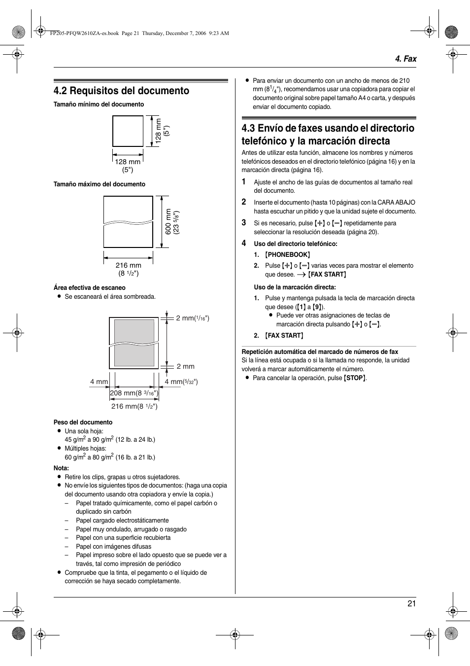 2 requisitos del documento, Requisitos del documento, 2 requisitos del documento | Fax 21 | Panasonic KXFP205 User Manual | Page 21 / 52