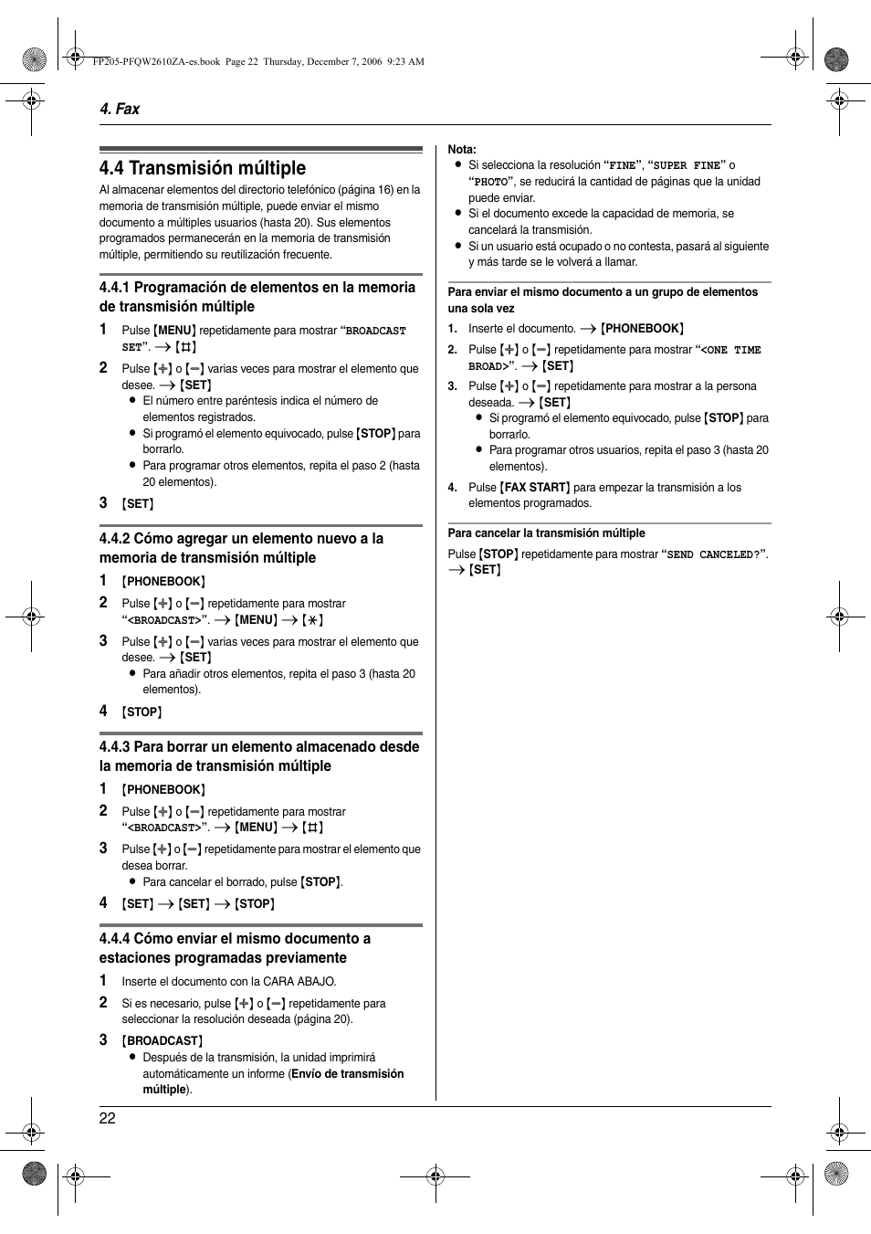 4 transmisión múltiple, Transmisión múltiple, 4 transmisión múltiple | Panasonic KXFP205 User Manual | Page 22 / 52