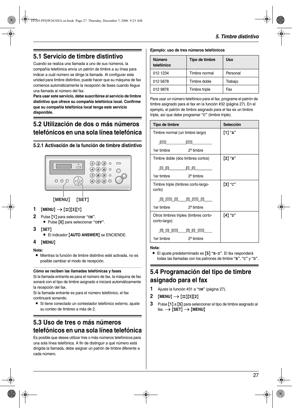 Timbre distintivo, 1 servicio de timbre distintivo, Servicio de timbre distintivo | 1 servicio de timbre distintivo | Panasonic KXFP205 User Manual | Page 27 / 52