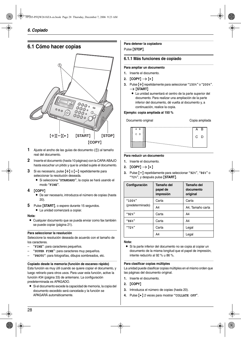 Copiado, Copiadora, 1 cómo hacer copias | Cómo hacer copias, 1 cómo hacer copias, Copiado 28 | Panasonic KXFP205 User Manual | Page 28 / 52