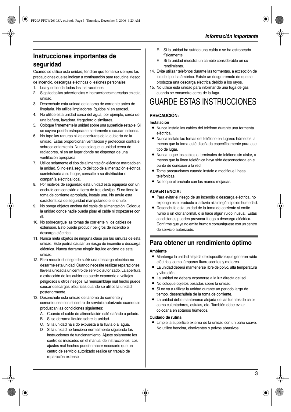 Información importante, Instrucciones de seguridad, Instrucciones importantes de seguridad | Para obtener un rendimiento óptimo, Guarde estas instrucciones, Información importante 3 | Panasonic KXFP205 User Manual | Page 3 / 52