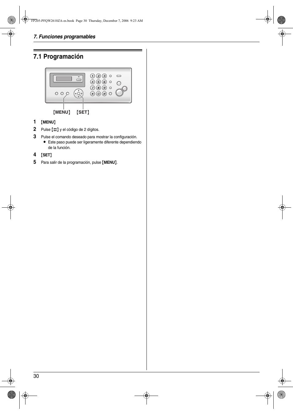 Funciones programables, Resumen de funciones, 1 programación | Programación, 1 programación | Panasonic KXFP205 User Manual | Page 30 / 52