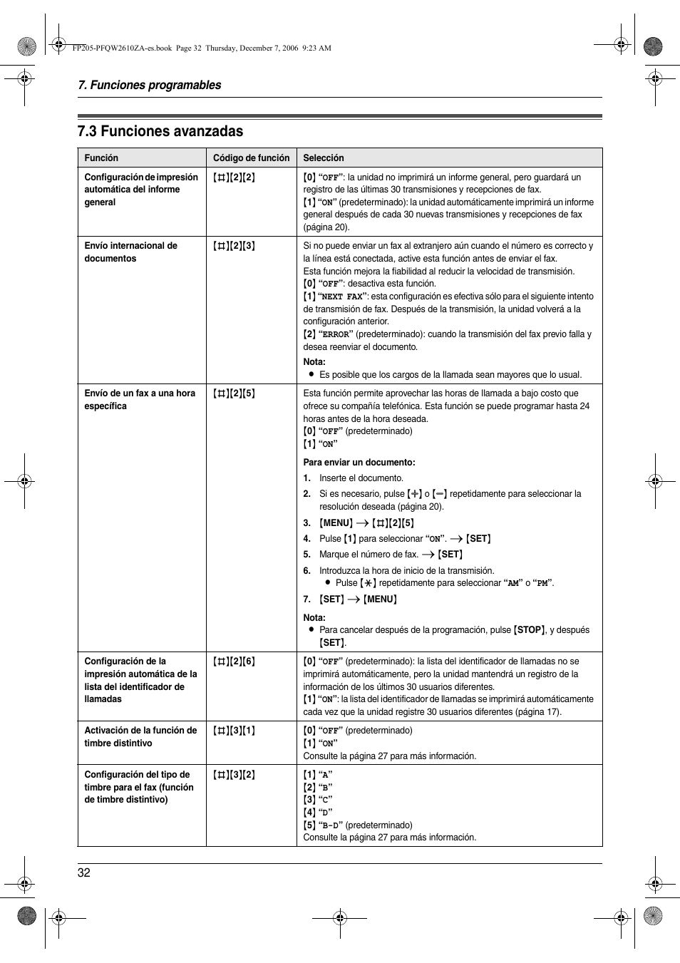 3 funciones avanzadas, Funciones avanzadas, 3 funciones avanzadas | Funciones programables 32 | Panasonic KXFP205 User Manual | Page 32 / 52