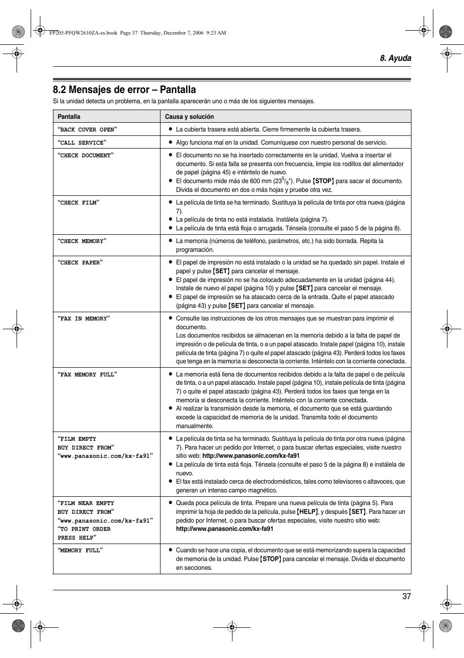 2 mensajes de error – pantalla, Mensajes de error – pantalla, 2 mensajes de error – pantalla | Ayuda 37 | Panasonic KXFP205 User Manual | Page 37 / 52