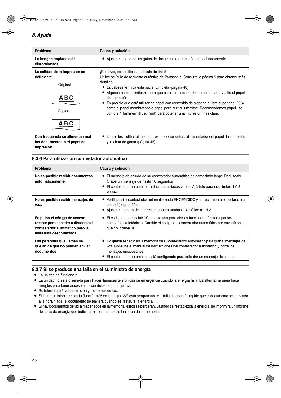 A b c, Ayuda 42 | Panasonic KXFP205 User Manual | Page 42 / 52