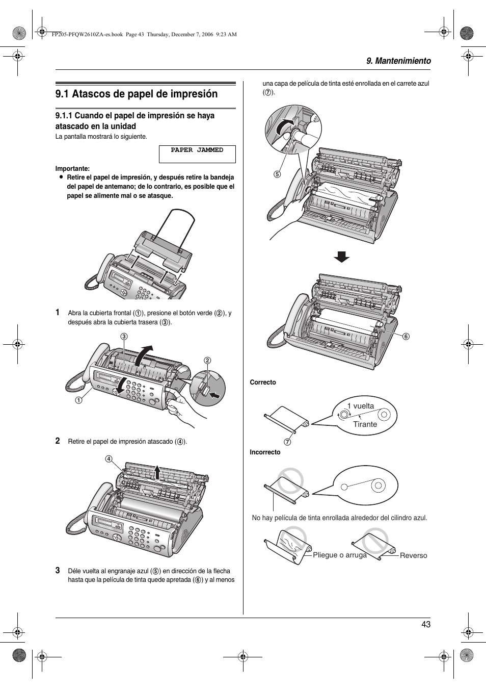 Mantenimiento, Atascos de papel, 1 atascos de papel de impresión | Atascos de papel de impresión, 1 atascos de papel de impresión | Panasonic KXFP205 User Manual | Page 43 / 52