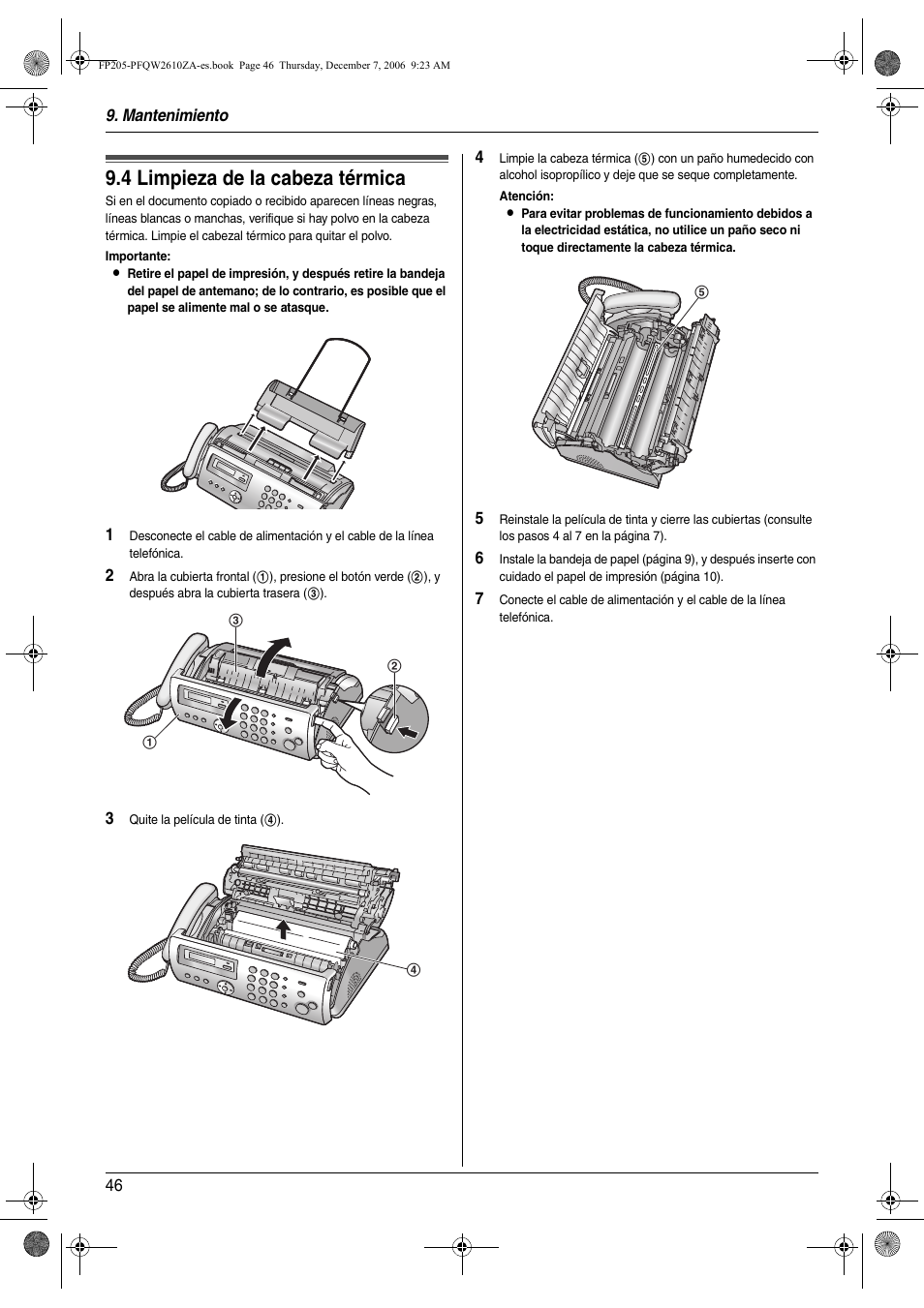 4 limpieza de la cabeza térmica, Limpieza de la cabeza térmica, 4 limpieza de la cabeza térmica | Panasonic KXFP205 User Manual | Page 46 / 52