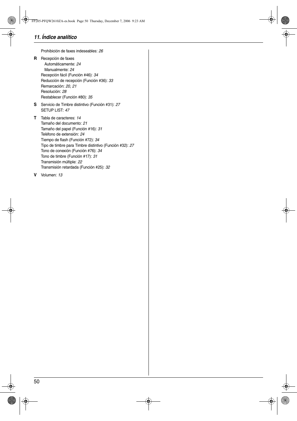 Índice analítico 50 | Panasonic KXFP205 User Manual | Page 50 / 52